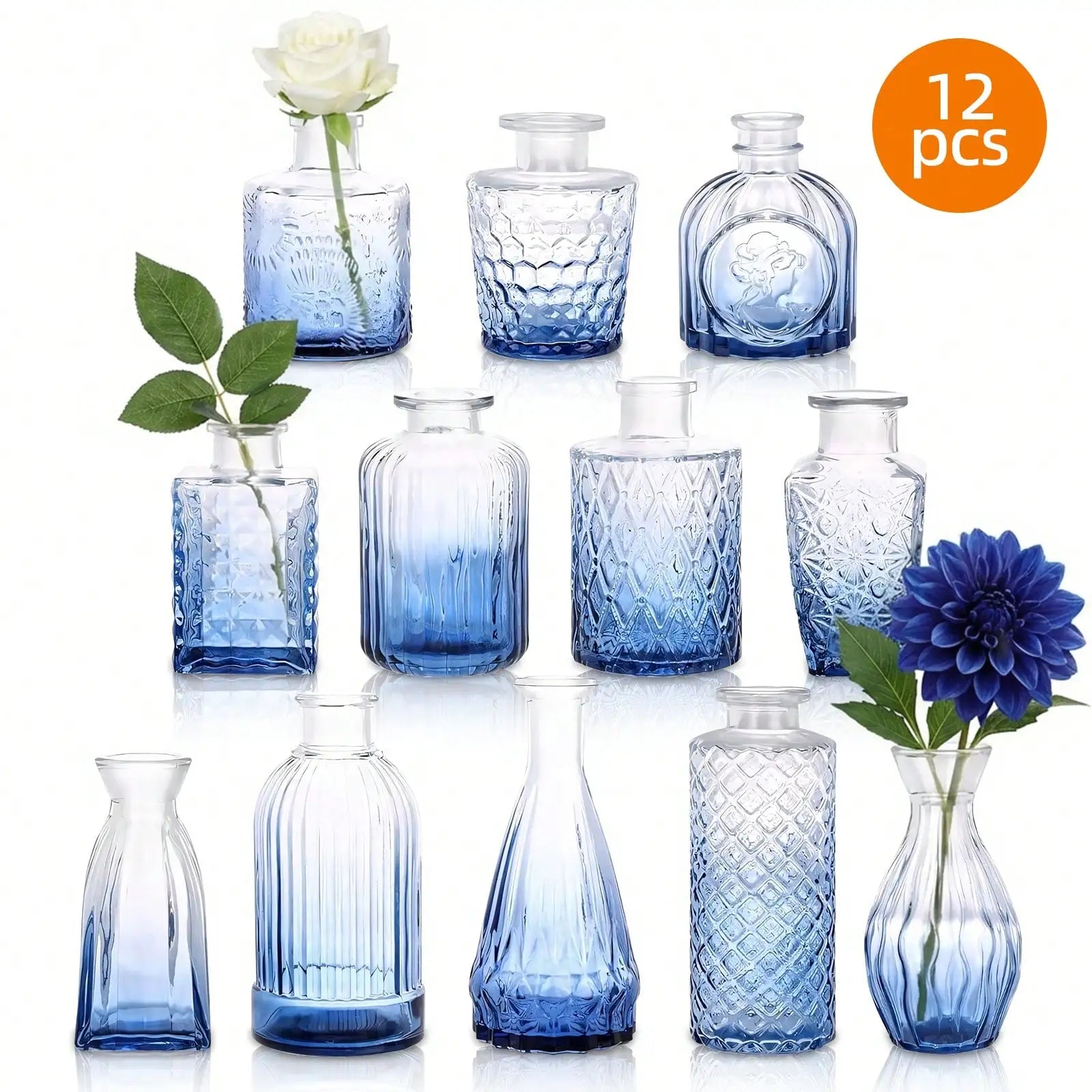 12 Pack Glass Bud Vase Set, Small Vintage Flower Vases for Centerpieces, Blue/Green/Pink Decorative Bottles for Wedding, Home, Table Decor, Mother's Day Gift