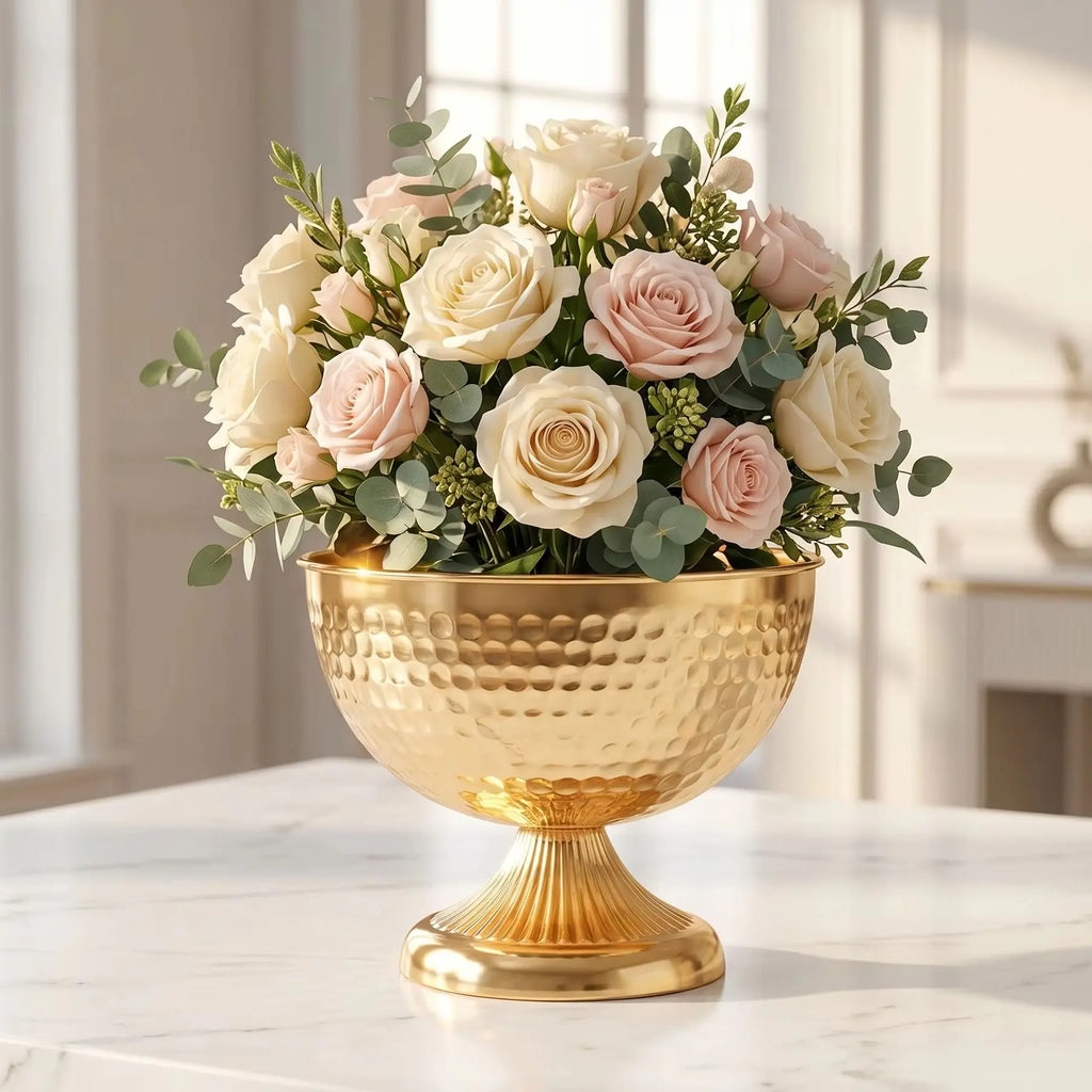 Hammered Gold Pedestal Flower Bowl Electroplated Metal Plated Vase with Trumpet Base for Wedding Centerpiece Floral Arrangement