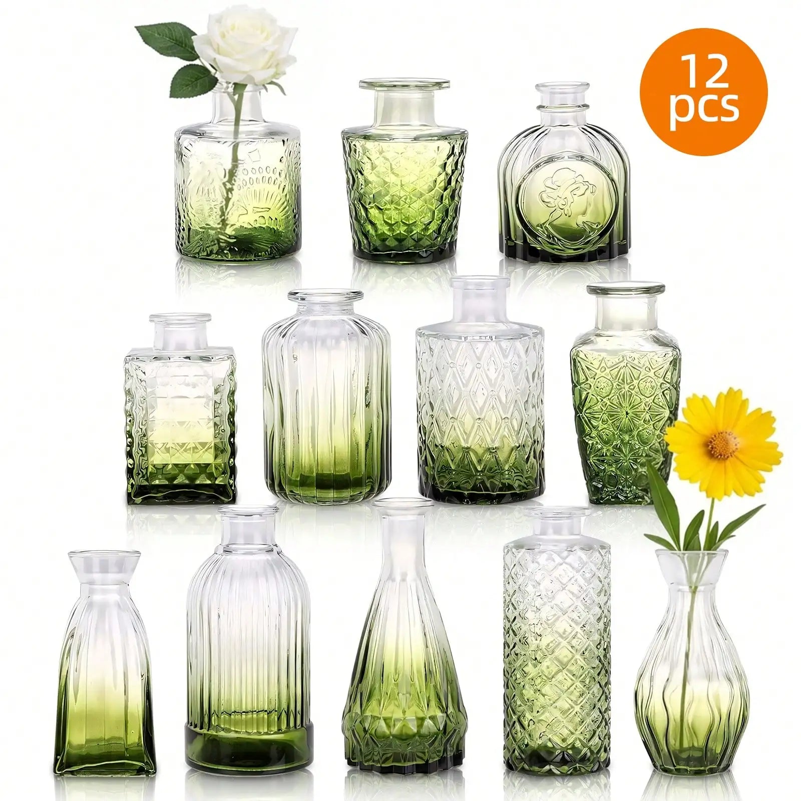 12 Pack Glass Bud Vase Set, Small Vintage Flower Vases for Centerpieces, Blue/Green/Pink Decorative Bottles for Wedding, Home, Table Decor, Mother's Day Gift