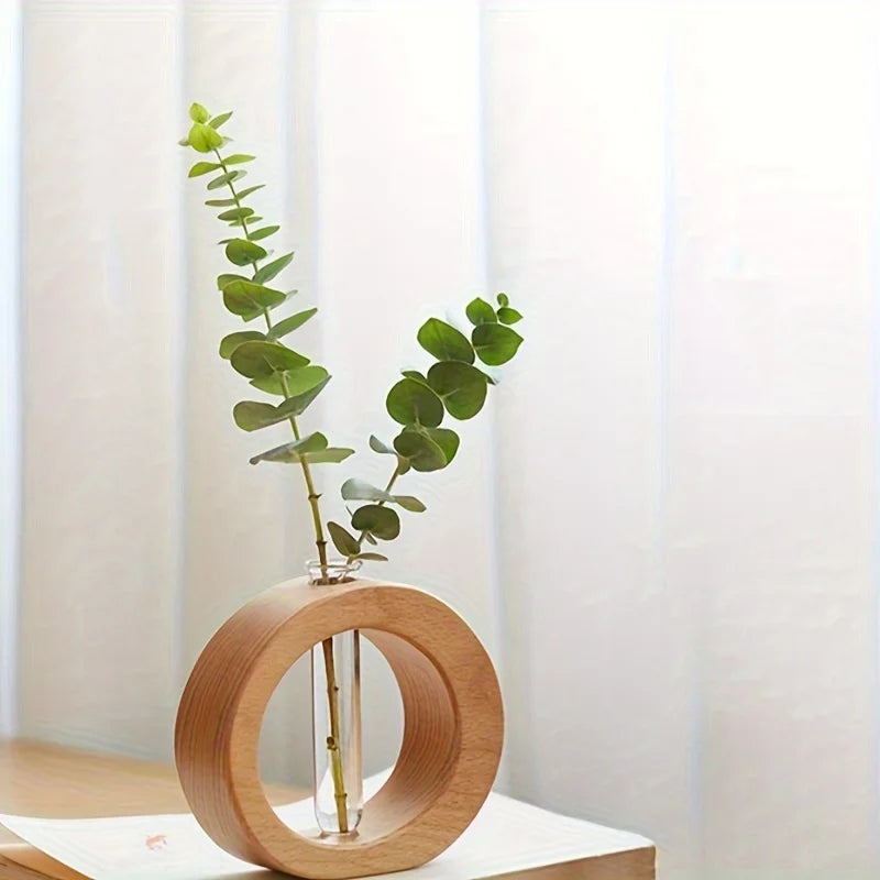 Chic Round Glass Vase for Fresh Flowers - Wooden Base, Hydroponic Plant Decor for Living Room & Home