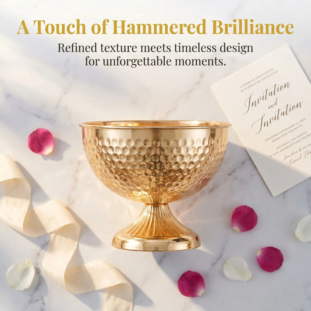 Hammered Gold Pedestal Flower Bowl Electroplated Metal Plated Vase with Trumpet Base for Wedding Centerpiece Floral Arrangement