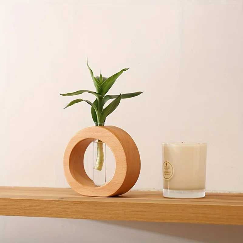 Chic Round Glass Vase for Fresh Flowers - Wooden Base, Hydroponic Plant Decor for Living Room & Home