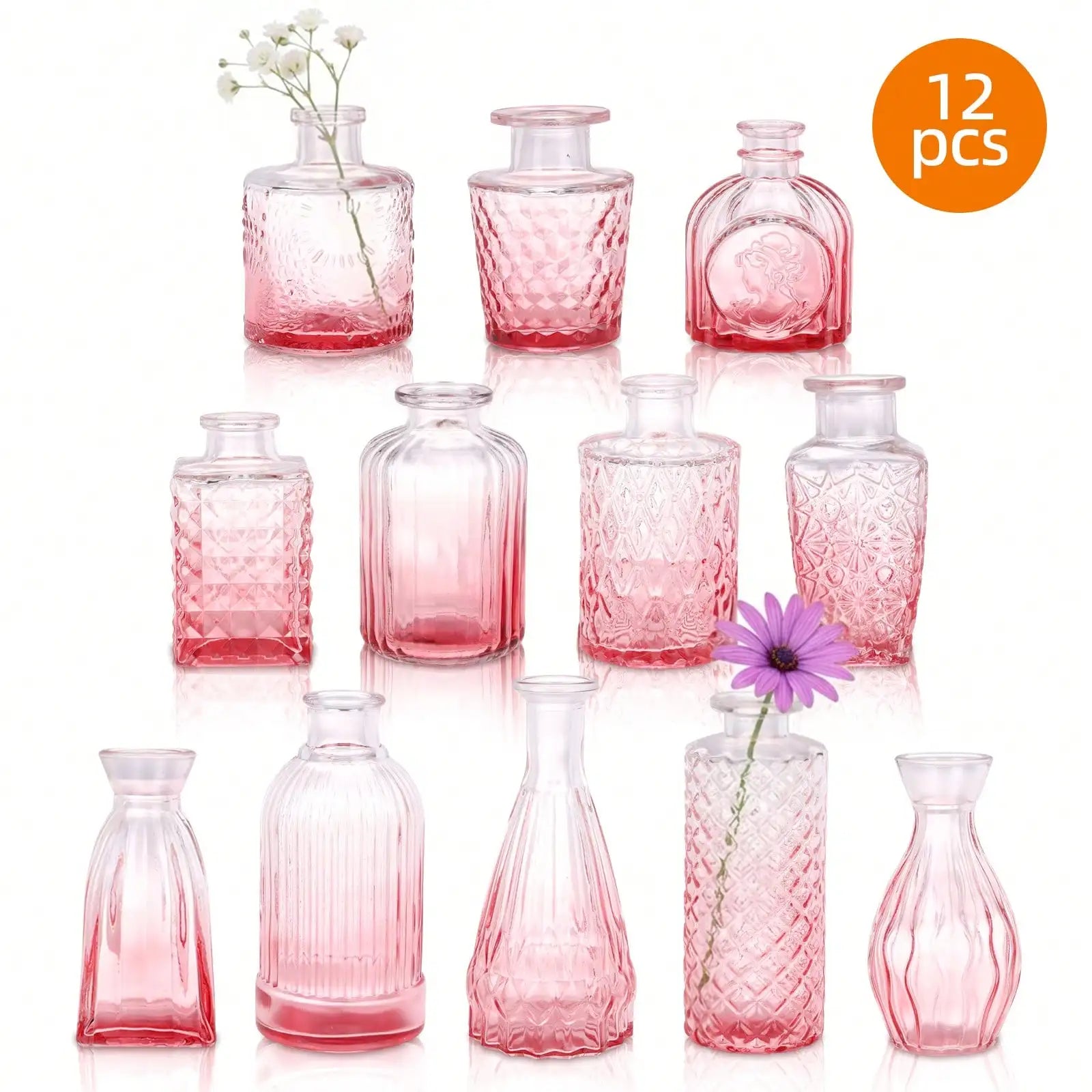 12 Pack Glass Bud Vase Set, Small Vintage Flower Vases for Centerpieces, Blue/Green/Pink Decorative Bottles for Wedding, Home, Table Decor, Mother's Day Gift