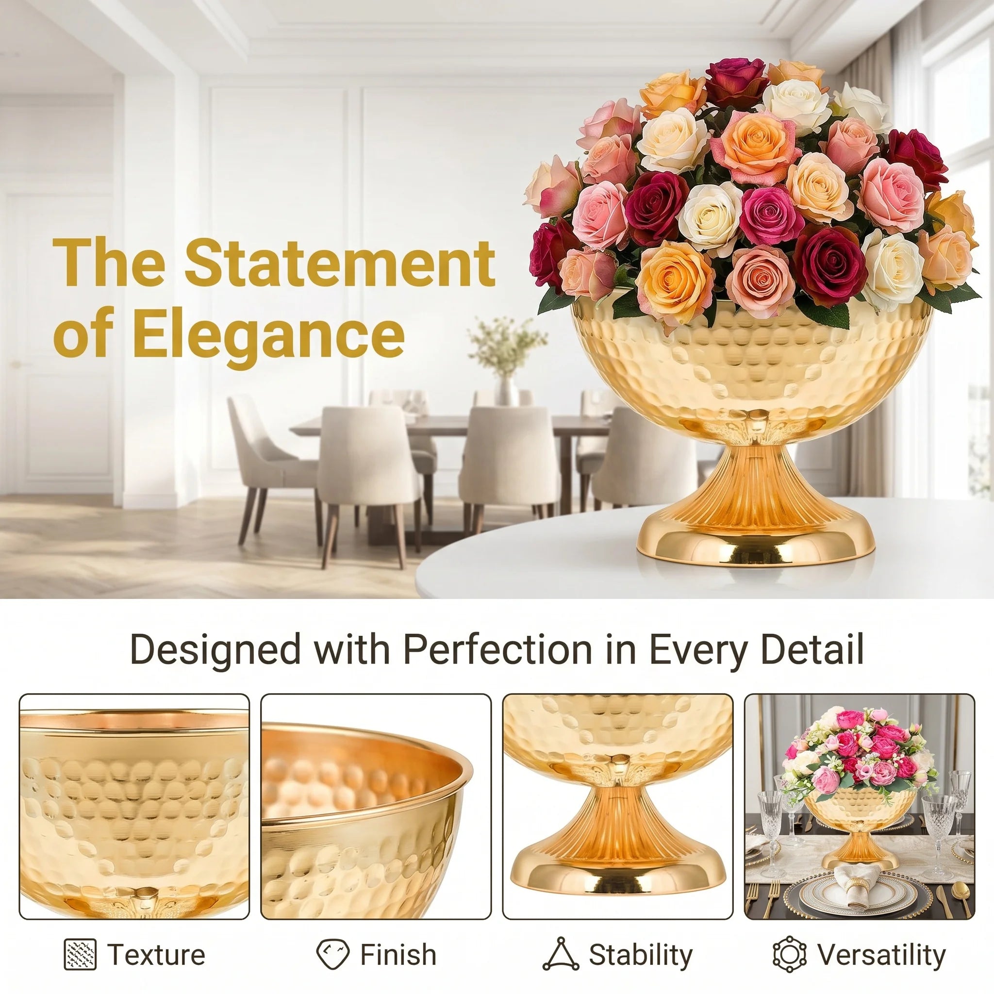 Hammered Gold Pedestal Flower Bowl Electroplated Metal Plated Vase with Trumpet Base for Wedding Centerpiece Floral Arrangement