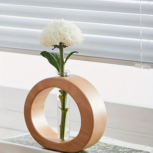 Chic Round Glass Vase for Fresh Flowers - Wooden Base, Hydroponic Plant Decor for Living Room & Home