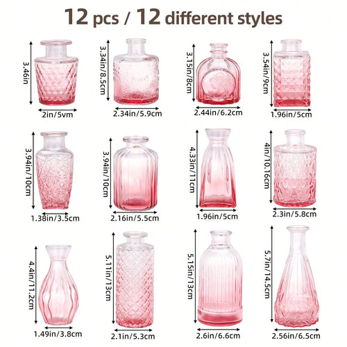 12 Pack Glass Bud Vase Set, Small Vintage Flower Vases for Centerpieces, Blue/Green/Pink Decorative Bottles for Wedding, Home, Table Decor, Mother's Day Gift