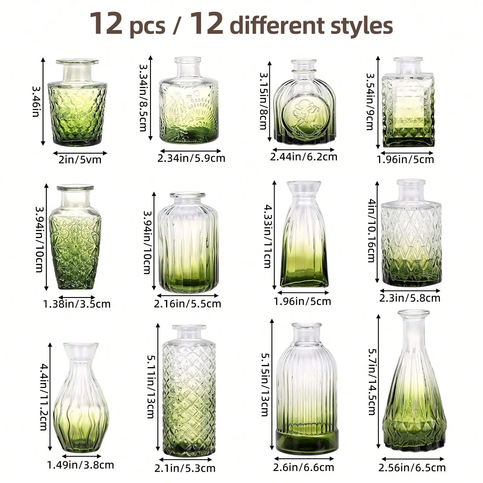 12 Pack Glass Bud Vase Set, Small Vintage Flower Vases for Centerpieces, Blue/Green/Pink Decorative Bottles for Wedding, Home, Table Decor, Mother's Day Gift