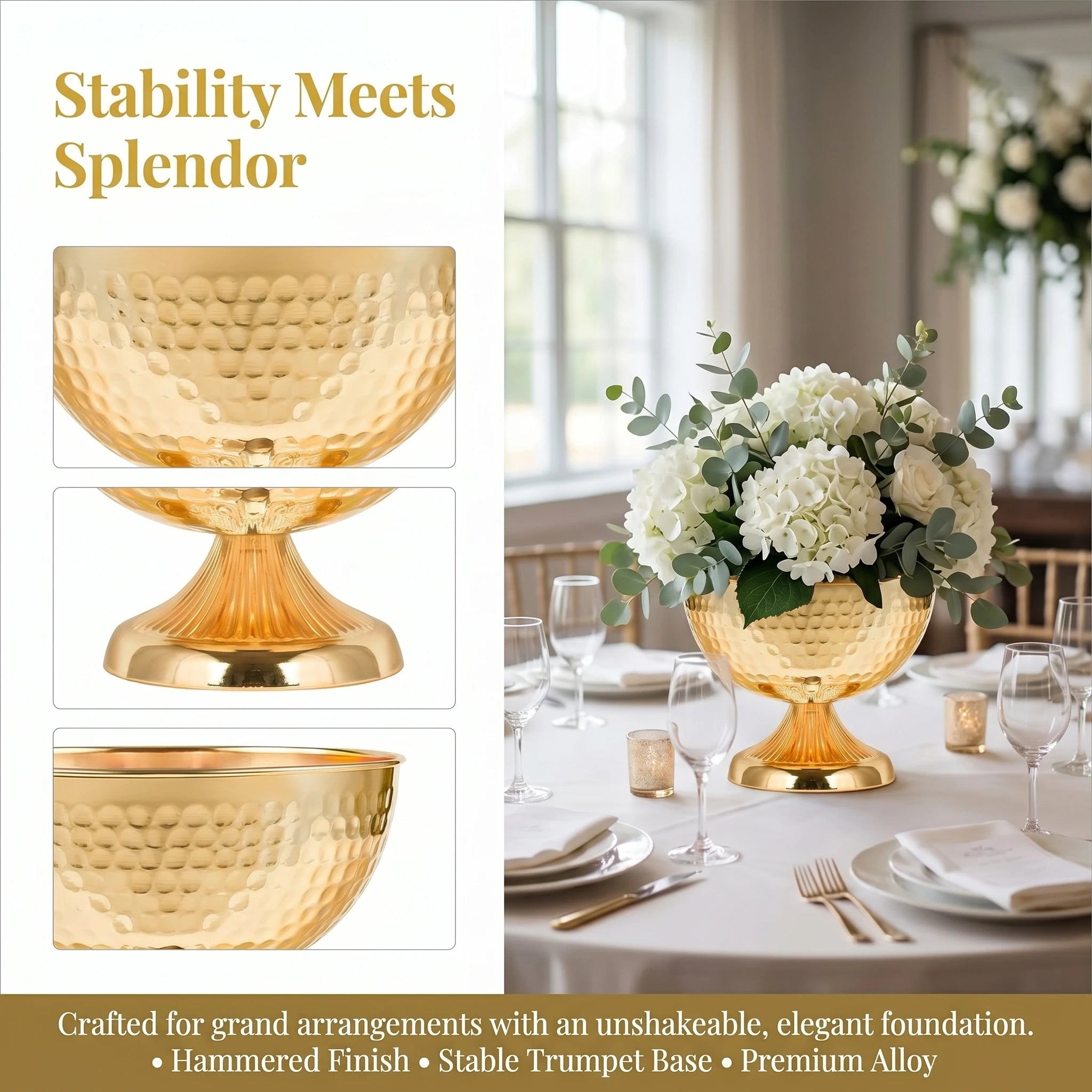 Hammered Gold Pedestal Flower Bowl Electroplated Metal Plated Vase with Trumpet Base for Wedding Centerpiece Floral Arrangement