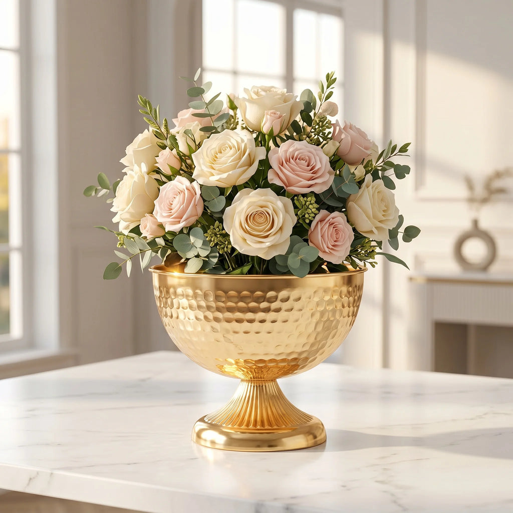 Hammered Gold Pedestal Flower Bowl Electroplated Metal Plated Vase with Trumpet Base for Wedding Centerpiece Floral Arrangement