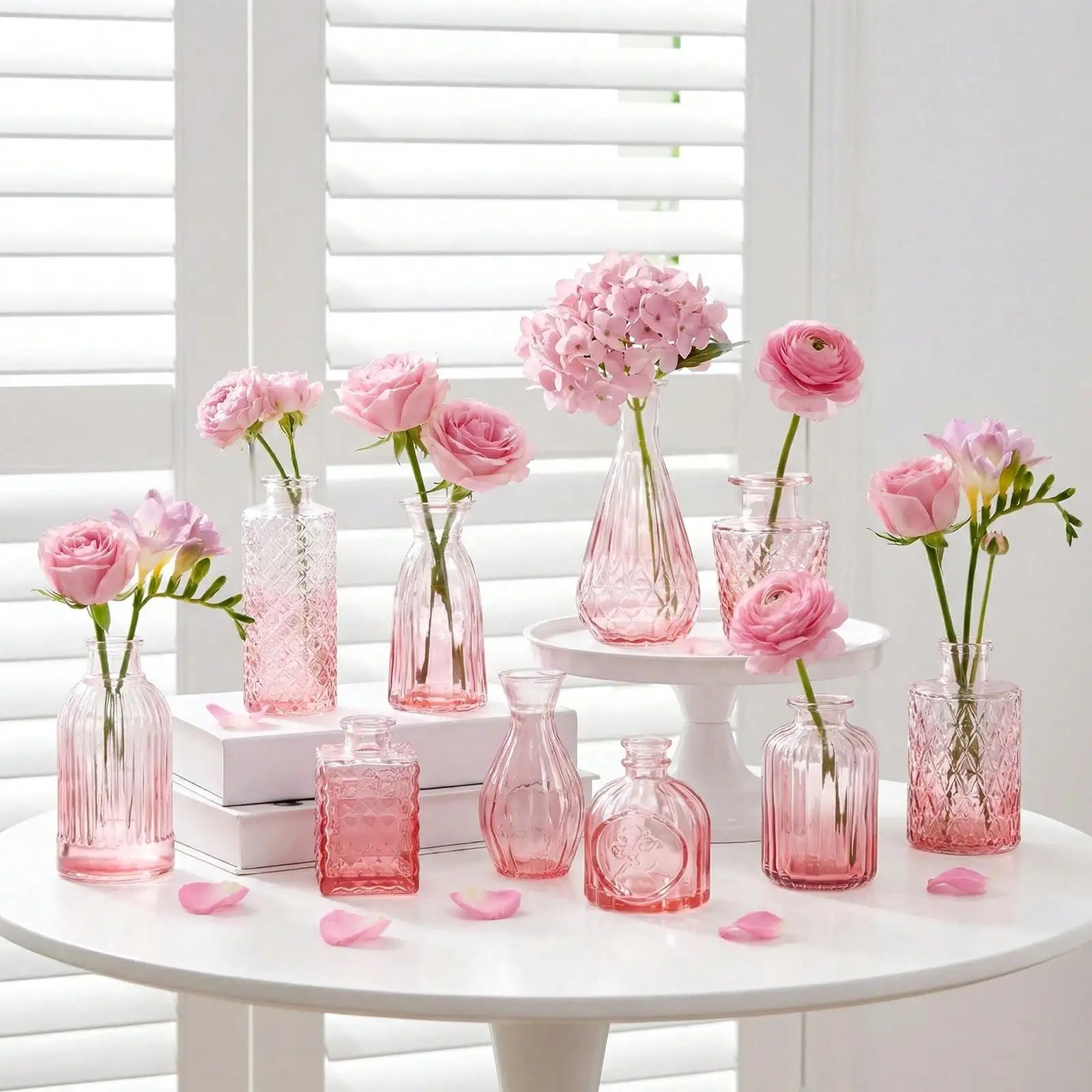 12 Pack Glass Bud Vase Set, Small Vintage Flower Vases for Centerpieces, Blue/Green/Pink Decorative Bottles for Wedding, Home, Table Decor, Mother's Day Gift