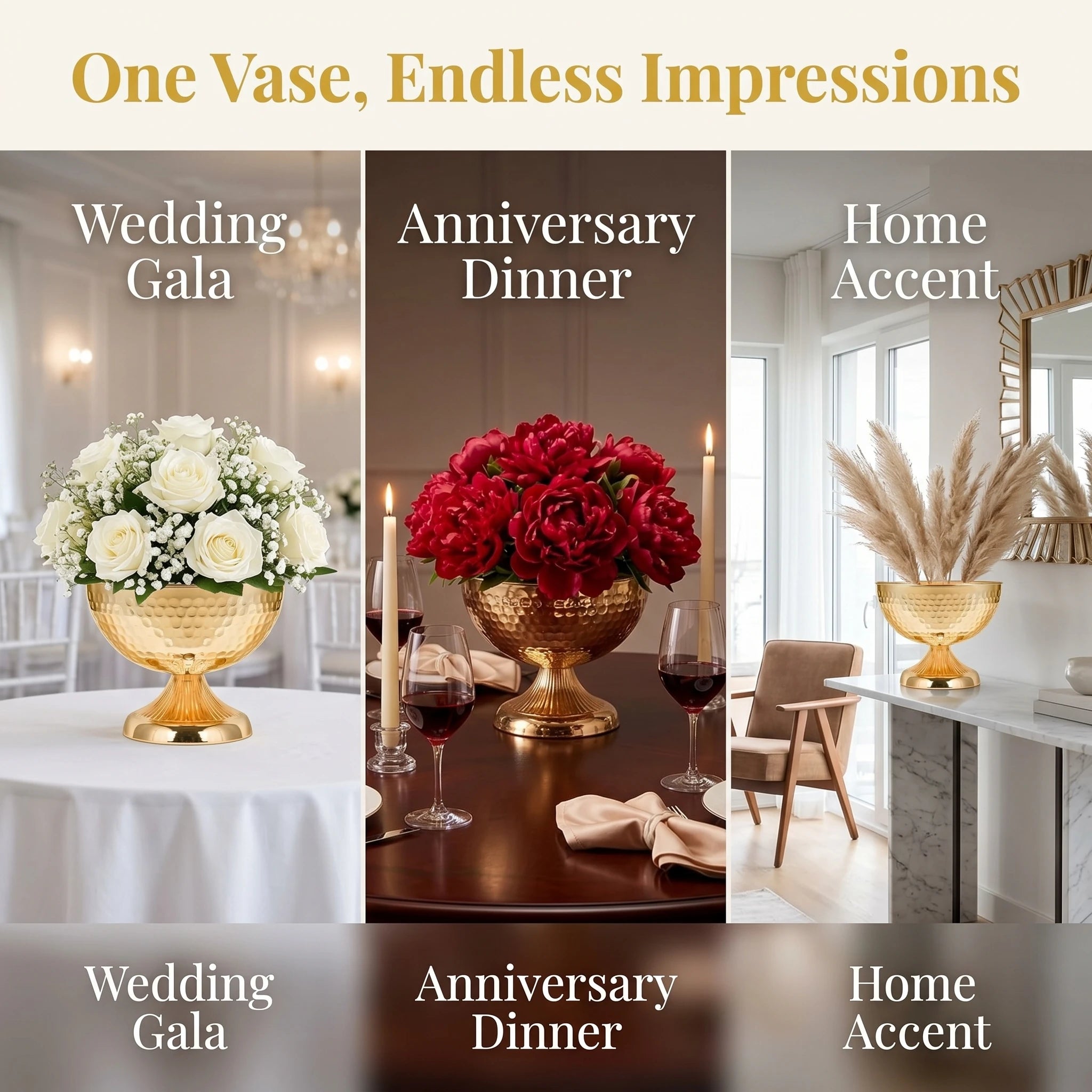 Hammered Gold Pedestal Flower Bowl Electroplated Metal Plated Vase with Trumpet Base for Wedding Centerpiece Floral Arrangement