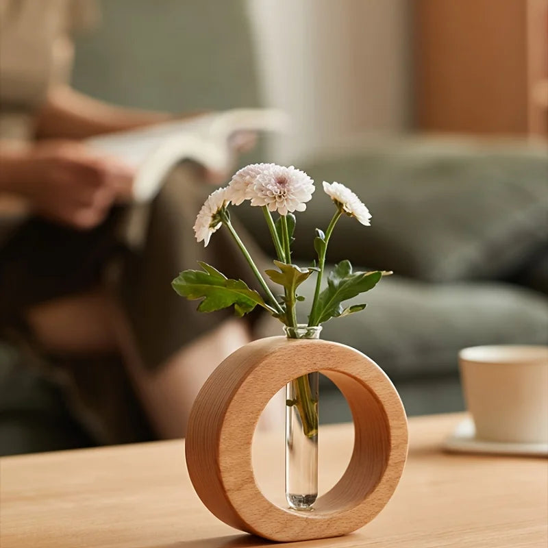 Chic Round Glass Vase for Fresh Flowers - Wooden Base, Hydroponic Plant Decor for Living Room & Home