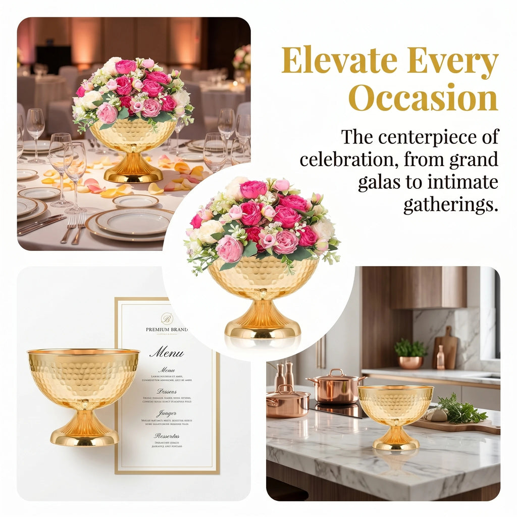 Hammered Gold Pedestal Flower Bowl Electroplated Metal Plated Vase with Trumpet Base for Wedding Centerpiece Floral Arrangement