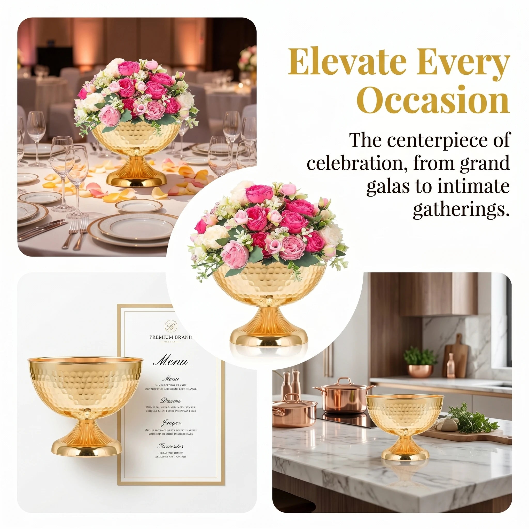 Hammered Gold Pedestal Flower Bowl Electroplated Metal Plated Vase with Trumpet Base for Wedding Centerpiece Floral Arrangement